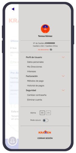 Tutorial > Shipping Address > Mi Casillero Internacional Kraken Courier Kraken Courier App > Menú Perfil de Usuario